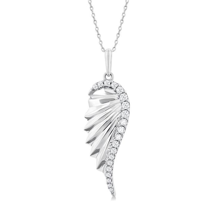 1/5 Ctw Fluted Texture Angel Wing Round Cut Diamond Fashion Pendant With Chain in 14K White Gold