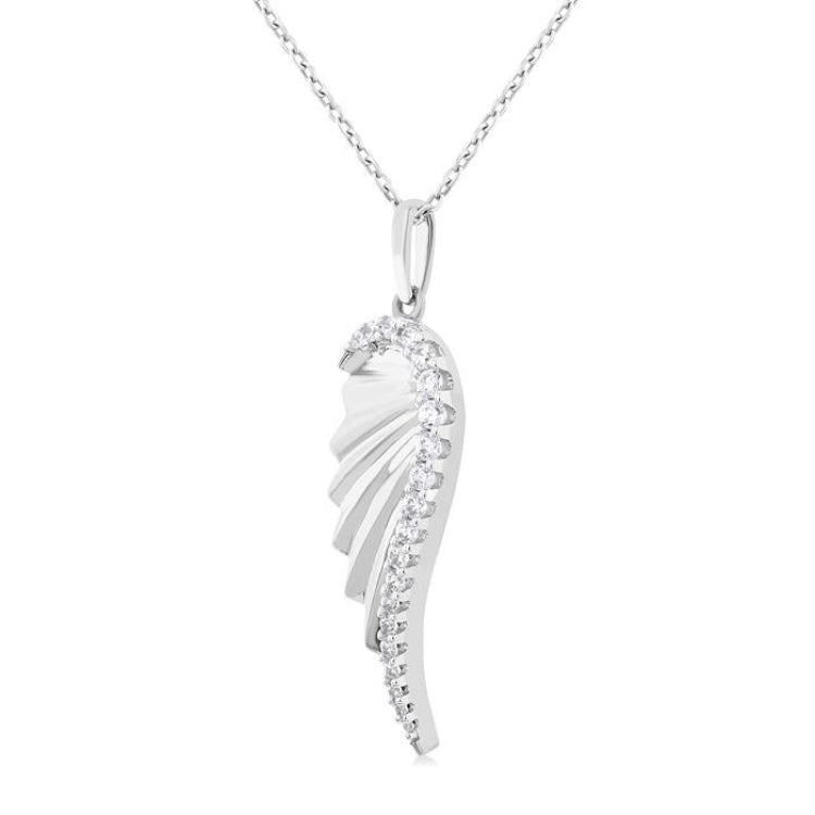 1/5 Ctw Fluted Texture Angel Wing Round Cut Diamond Fashion Pendant With Chain in 14K White Gold