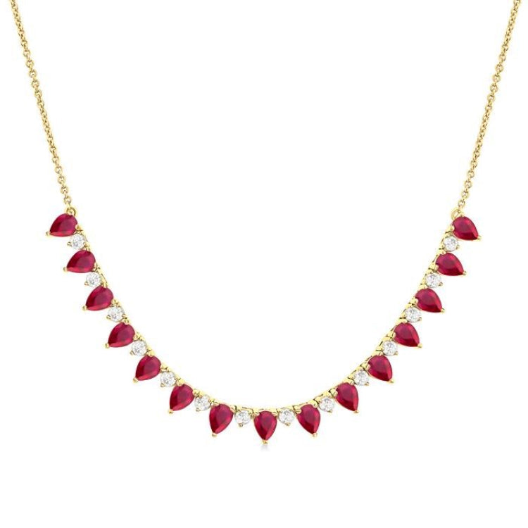 4x3 MM Pear Shape Ruby and 1/2 Ctw Round Cut Diamond Precious Tennis Necklace in 14K Yellow Gold