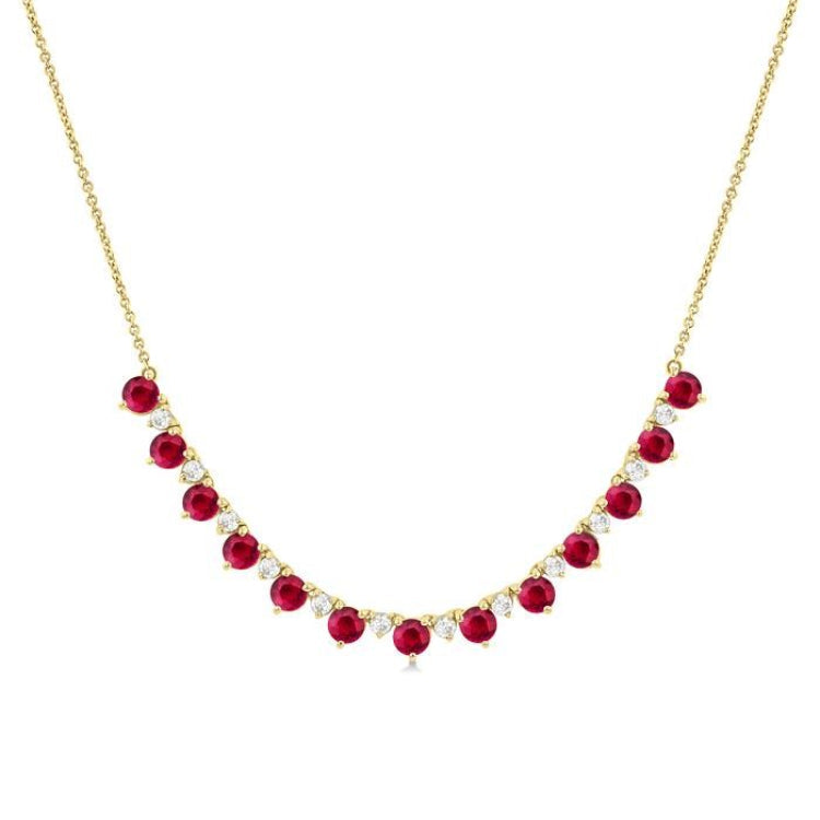 3.5 MM Round Shape Ruby and 1/2 Ctw Round Cut Diamond Precious Tennis Necklace in 14K Yellow Gold