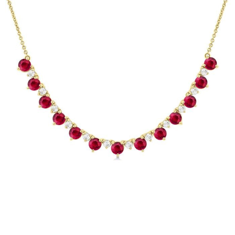 3.5 MM Round Shape Ruby and 1/2 Ctw Round Cut Diamond Precious Tennis Necklace in 14K Yellow Gold