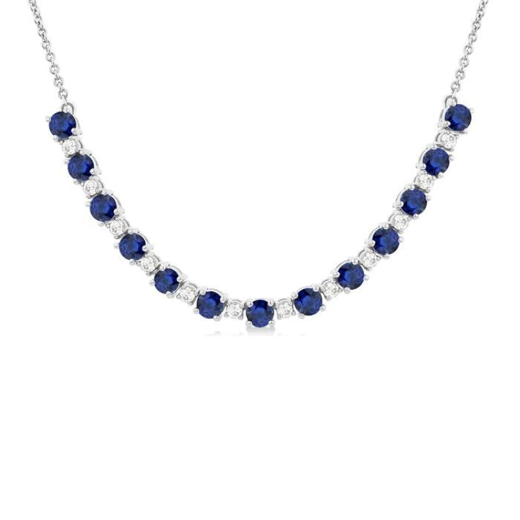 3.5 MM Round Shape Sapphire and 1/2 Ctw Round Cut Diamond Precious Tennis Necklace in 14K White Gold