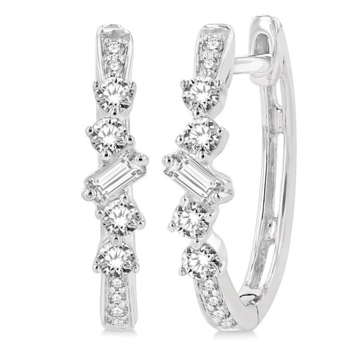 1/3 Ctw Baguette and Round Cut Diamond Hoop Earrings in 14K White Gold