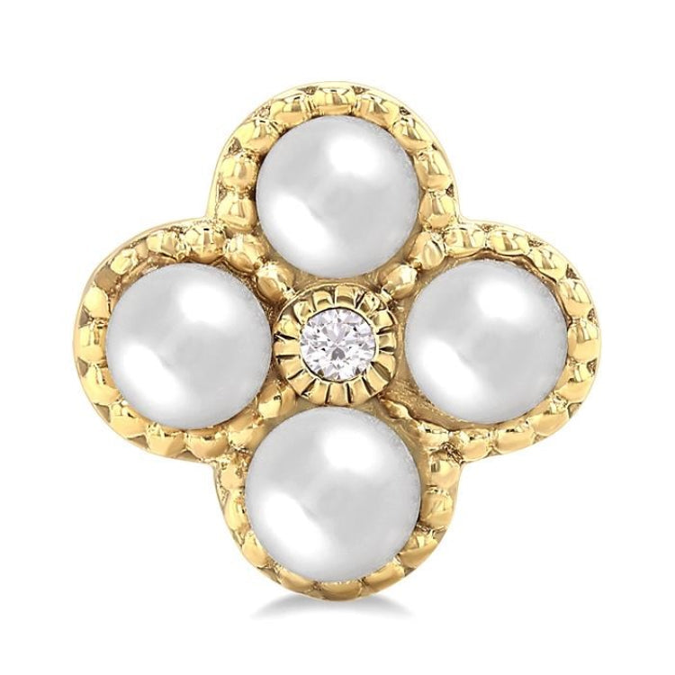 3 MM Clover Cultured Pearl and 1/50 Ctw Round Cut Diamond Fashion Earrings in 10K Yellow Gold