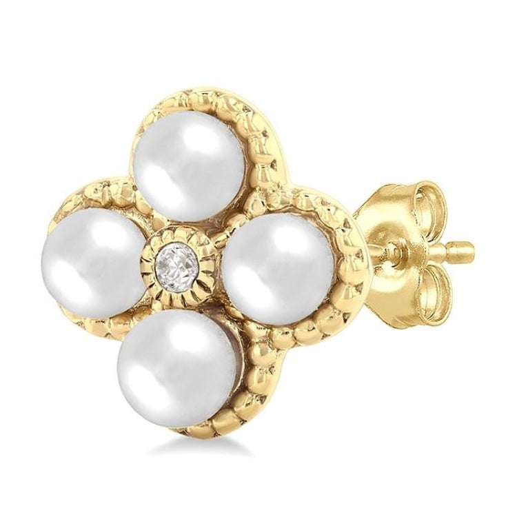 3 MM Clover Cultured Pearl and 1/50 Ctw Round Cut Diamond Fashion Earrings in 10K Yellow Gold