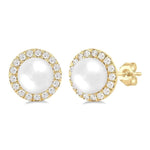 Load image into Gallery viewer, 6 MM White Cultured Pearl and 1/4 Ctw Round Cut Diamond Halo Stud Earrings in 14K Yellow Gold
