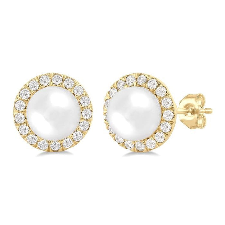 6 MM White Cultured Pearl and 1/4 Ctw Round Cut Diamond Halo Stud Earrings in 14K Yellow Gold