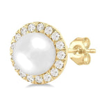 Load image into Gallery viewer, 6 MM White Cultured Pearl and 1/4 Ctw Round Cut Diamond Halo Stud Earrings in 14K Yellow Gold