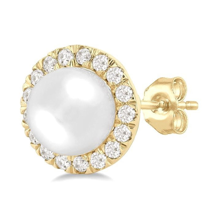 6 MM White Cultured Pearl and 1/4 Ctw Round Cut Diamond Halo Stud Earrings in 14K Yellow Gold