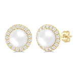 Load image into Gallery viewer, 6 MM White Cultured Pearl and 1/4 Ctw Round Cut Diamond Halo Stud Earrings in 10K Yellow Gold