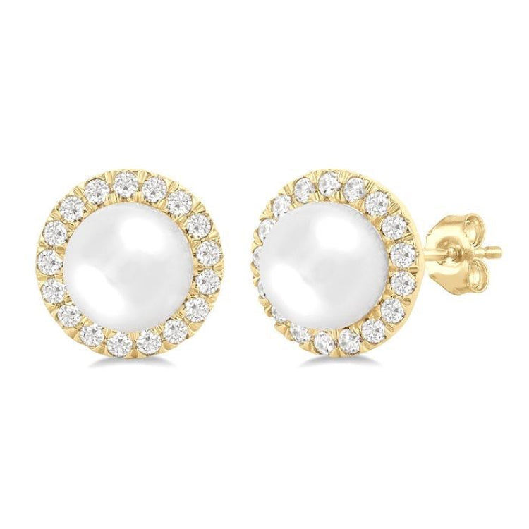 6 MM White Cultured Pearl and 1/4 Ctw Round Cut Diamond Halo Stud Earrings in 10K Yellow Gold