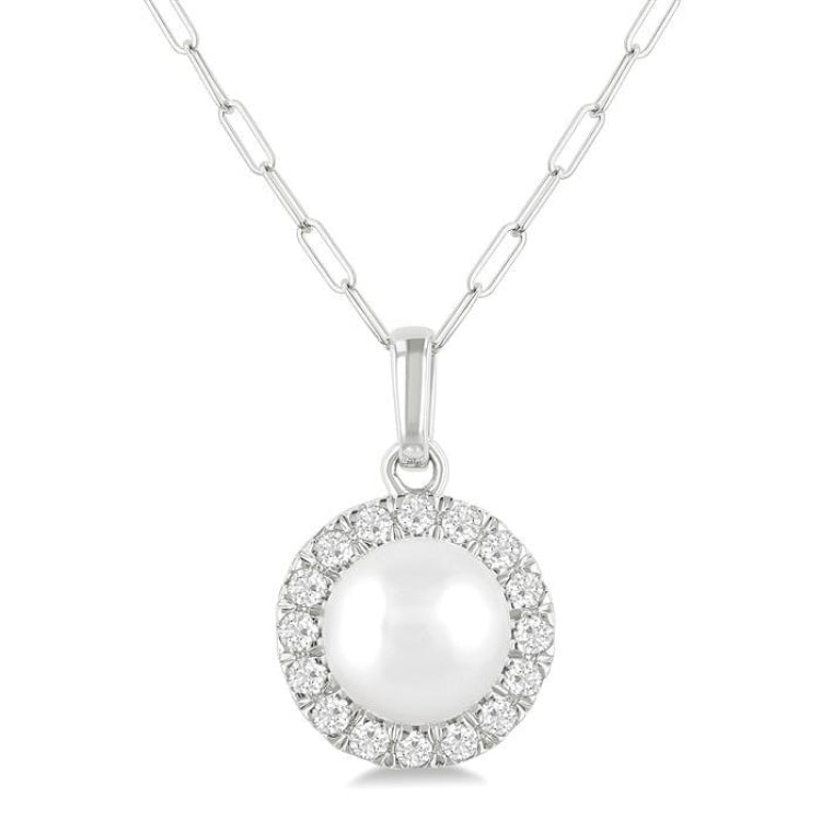 6 MM Cultured White Pearl and 1/6 Ctw Round Cut Diamond Halo Pendant With Chain in 14K White Gold