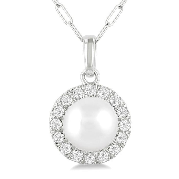 6 MM Cultured White Pearl and 1/6 Ctw Round Cut Diamond Halo Pendant With Chain in 14K White Gold