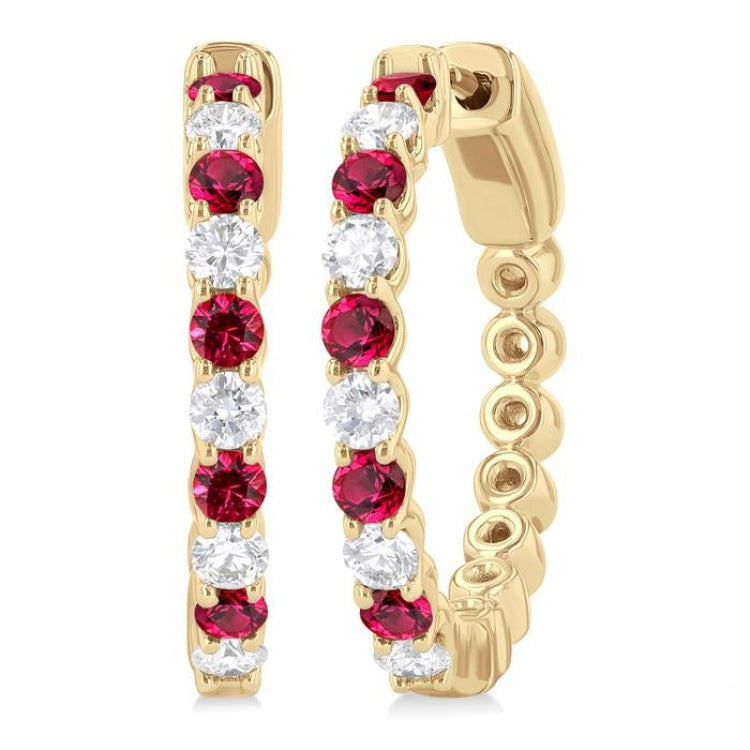 2.4 MM Round Cut Ruby and 5/8 Ctw Round Cut Diamond Precious Hoop Earring in 14K Yellow Gold