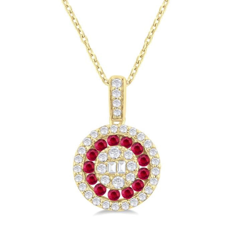 1.35 MM Round Shape Ruby and 1/4 Ctw Baguette and Round Cut Diamond Precious Pendant With Chain in 14K Yellow Gold