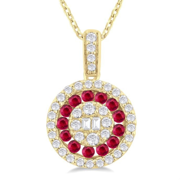 1.35 MM Round Shape Ruby and 1/4 Ctw Baguette and Round Cut Diamond Precious Pendant With Chain in 14K Yellow Gold