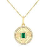 Load image into Gallery viewer, 4X3 MM Octagon Shape Emerald and 1/8 Ctw Round Cut Diamond Precious Fluted Medallion Pendant in 10K Yellow Gold with Chain