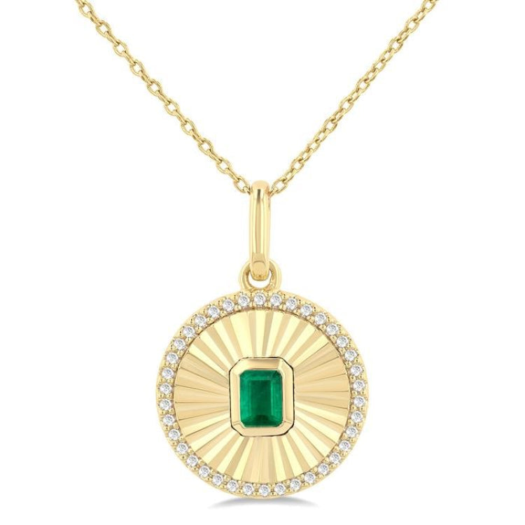 4X3 MM Octagon Shape Emerald and 1/8 Ctw Round Cut Diamond Precious Fluted Medallion Pendant in 10K Yellow Gold with Chain