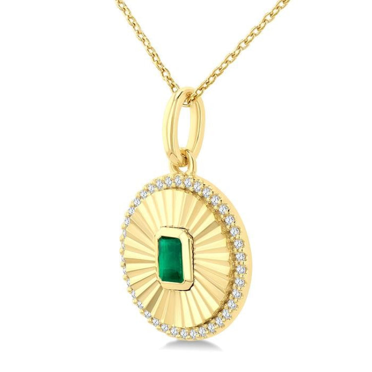 4X3 MM Octagon Shape Emerald and 1/8 Ctw Round Cut Diamond Precious Fluted Medallion Pendant in 10K Yellow Gold with Chain