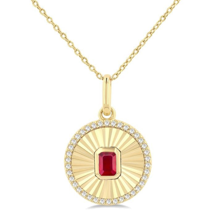 4X3 MM Octagon Shape Ruby and 1/8 Ctw Round Cut Diamond Precious Fluted Medallion Pendant in 10K Yellow Gold with Chain