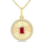 Load image into Gallery viewer, 4X3 MM Octagon Shape Ruby and 1/8 Ctw Round Cut Diamond Precious Fluted Medallion Pendant in 10K Yellow Gold with Chain
