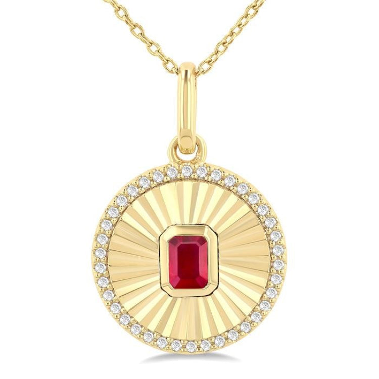 4X3 MM Octagon Shape Ruby and 1/8 Ctw Round Cut Diamond Precious Fluted Medallion Pendant in 10K Yellow Gold with Chain