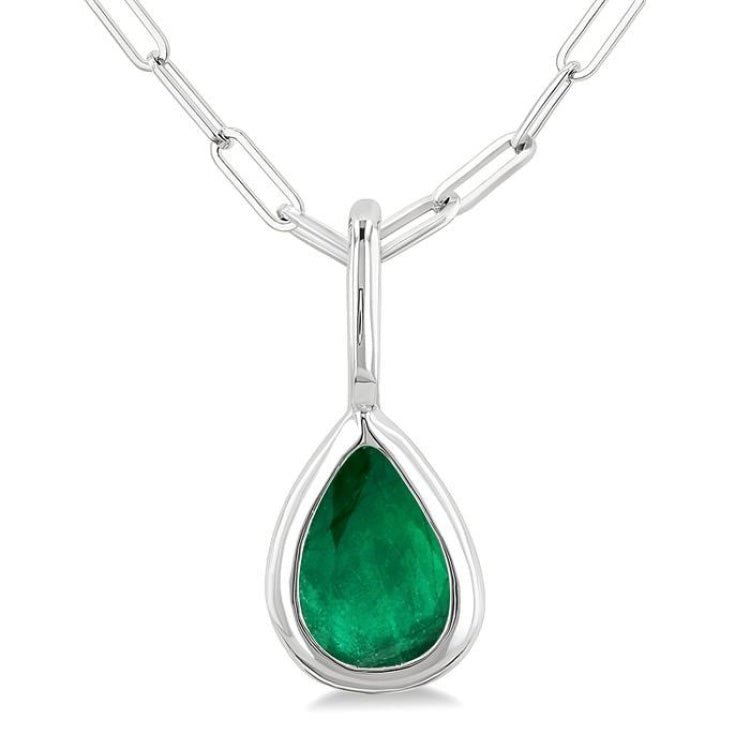 6x4 MM Bezel Set Pear Cut Emerald Precious Fashion Pendant With Paperclip Chain in 14K White Gold