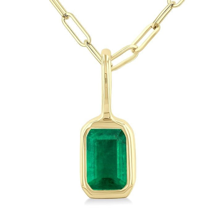 6x4 MM Bezel Set Emerald Precious Fashion Pendant With Paperclip Chain in 10K Yellow Gold