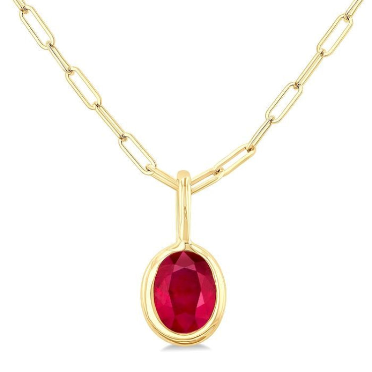 6x4 MM Bezel Set Oval Cut Ruby Precious Fashion Pendant With Paperclip Chain in 10K Yellow Gold