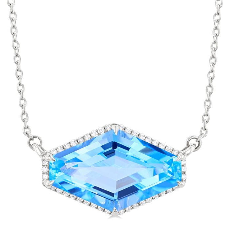 16x10 MM Hexagon Shape Blue Topaz and 1/10 Ctw Round Cut Diamond Halo Semi-Precious Pendant With Chain in 14K White Gold
