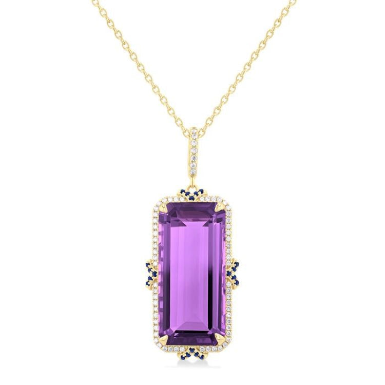 22x10 MM Emerald Cut Amethyst and .80 MM Sapphire & 1/5 Ctw Round Cut Diamond Halo Precious & Semi-Precious Pendant With Chain in 14K Yellow Gold