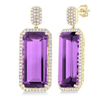 Load image into Gallery viewer, 22x10 MM Emerald Cut Amethyst and 7/8 Ctw Round Cut Diamond Halo Semi-Precious Earrings in 14K Yellow Gold