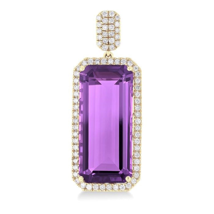 22x10 MM Emerald Cut Amethyst and 7/8 Ctw Round Cut Diamond Halo Semi-Precious Earrings in 14K Yellow Gold