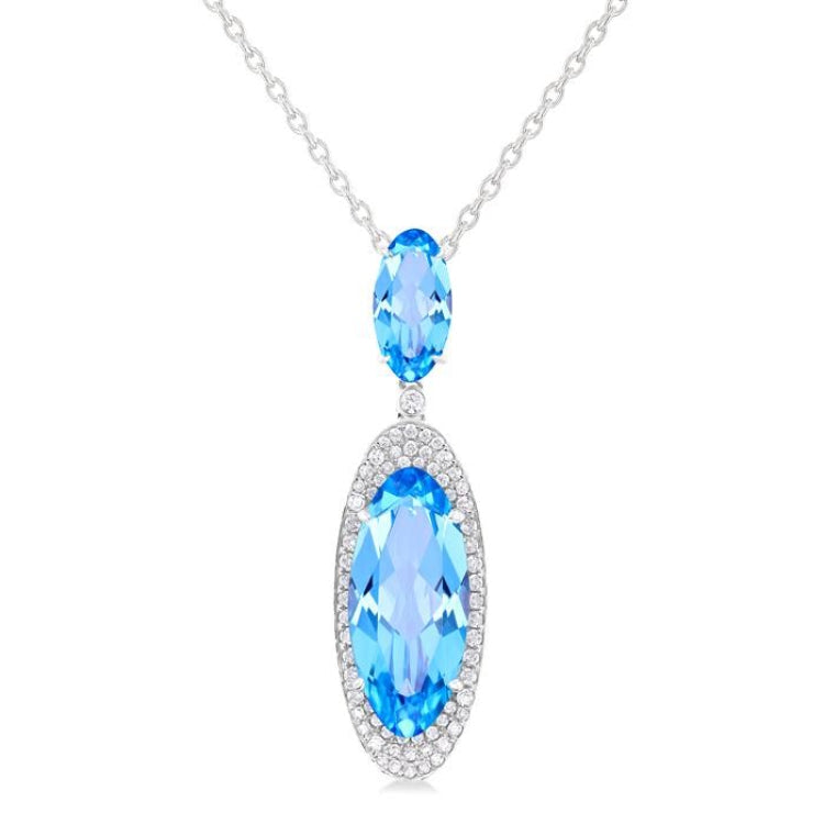 18x8 MM & 10x5 MM Oval Cut Blue Topaz and 1/3 Ctw Round Cut Diamond Halo Semi-Precious Pendant With Chain in 14K White Gold