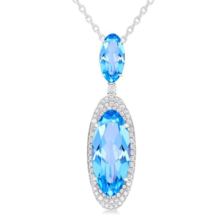 18x8 MM & 10x5 MM Oval Cut Blue Topaz and 1/3 Ctw Round Cut Diamond Halo Semi-Precious Pendant With Chain in 14K White Gold