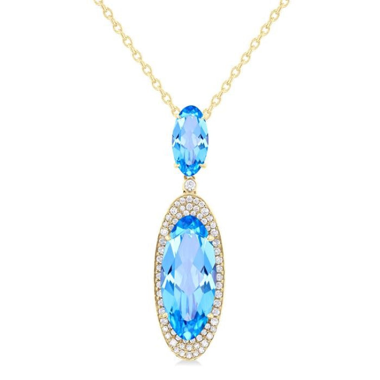 18x8 MM & 10x5 MM Oval Cut Blue Topaz and 1/3 Ctw Round Cut Diamond Halo Semi-Precious Pendant With Chain in 14K Yellow Gold