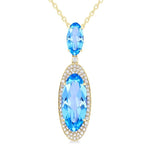 Load image into Gallery viewer, 18x8 MM &amp; 10x5 MM Oval Cut Blue Topaz and 1/3 Ctw Round Cut Diamond Halo Semi-Precious Pendant With Chain in 14K Yellow Gold