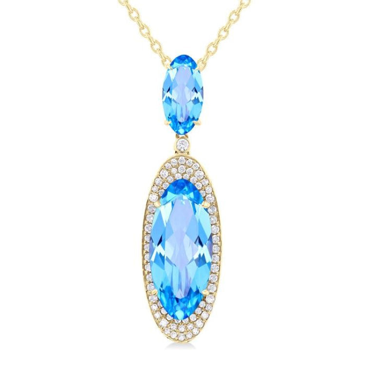 18x8 MM & 10x5 MM Oval Cut Blue Topaz and 1/3 Ctw Round Cut Diamond Halo Semi-Precious Pendant With Chain in 14K Yellow Gold