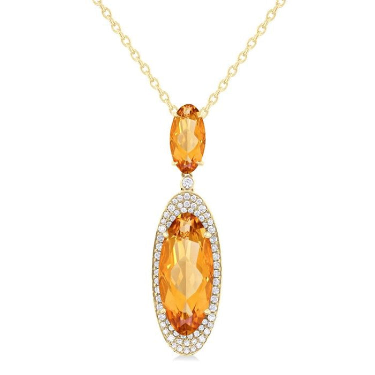 18x8 MM & 10x5 MM Oval Cut Citrine and 1/3 Ctw Round Cut Diamond Halo Semi-Precious Pendant With Chain in 14K Yellow Gold