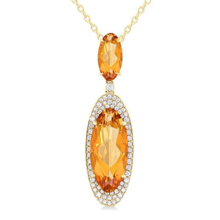 18x8 MM & 10x5 MM Oval Cut Citrine and 1/3 Ctw Round Cut Diamond Halo Semi-Precious Pendant With Chain in 14K Yellow Gold