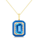 Load image into Gallery viewer, 14x10 MM Emerald Cut Blue Topaz and 1/5 Ctw Round Cut Diamond Halo &amp; Blue Enamel Border Semi-Precious Pendant With Chain in 14K Yellow Gold