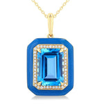 Load image into Gallery viewer, 14x10 MM Emerald Cut Blue Topaz and 1/5 Ctw Round Cut Diamond Halo &amp; Blue Enamel Border Semi-Precious Pendant With Chain in 14K Yellow Gold