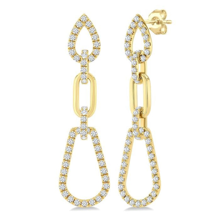 3/4 Ctw Open Window Pear Shape Link Round Cut Diamond Fashion Earrings in 14K Yellow Gold