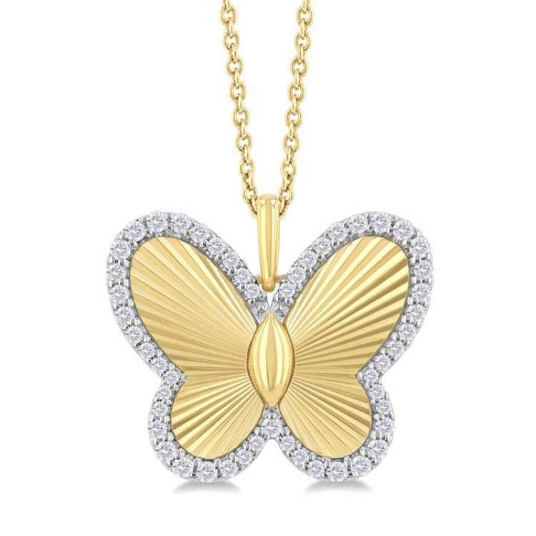 1/4 Ctw Fluted Texture Butterfly Round Cut Diamond Fashion Pendant With Chain in 10K Yellow and White Gold