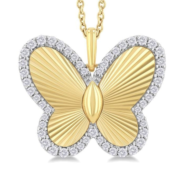 1/4 Ctw Fluted Texture Butterfly Round Cut Diamond Fashion Pendant With Chain in 10K Yellow and White Gold