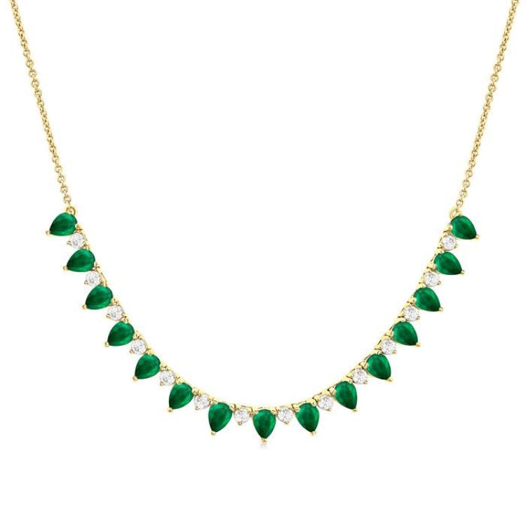 4x3 MM Pear Shape Emerald and 1/2 Ctw Round Cut Diamond Precious Tennis Necklace in 14K Yellow Gold