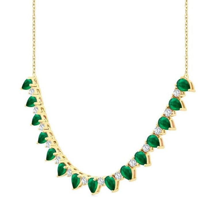 4x3 MM Pear Shape Emerald and 1/2 Ctw Round Cut Diamond Precious Tennis Necklace in 14K Yellow Gold