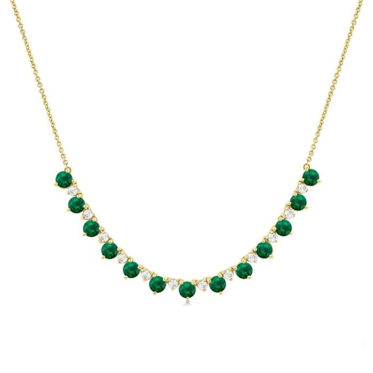 3.5 MM Round Shape Emerald and 1/2 Ctw Round Cut Diamond Precious Tennis Necklace in 14K Yellow Gold