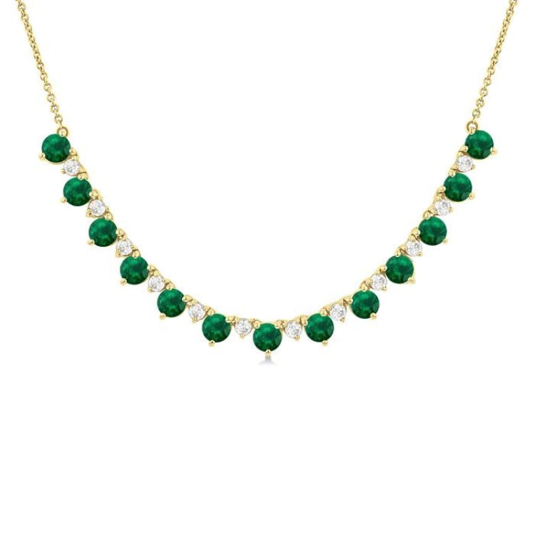 3.5 MM Round Shape Emerald and 1/2 Ctw Round Cut Diamond Precious Tennis Necklace in 14K Yellow Gold