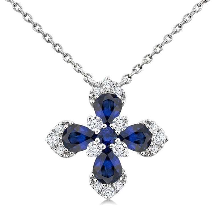 4x3 MM Pear and 2 MM Round Sapphire and 1/6 Ctw Round Cut Diamond Floral Blossom Precious Pendant With Chain in 14K white Gold